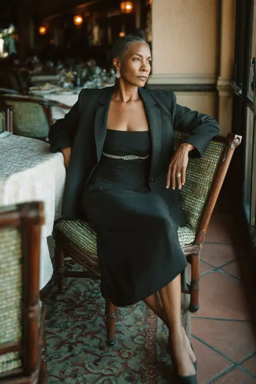 A Black woman over 50 in a classic midi dress layered with a structured blazer and low heels