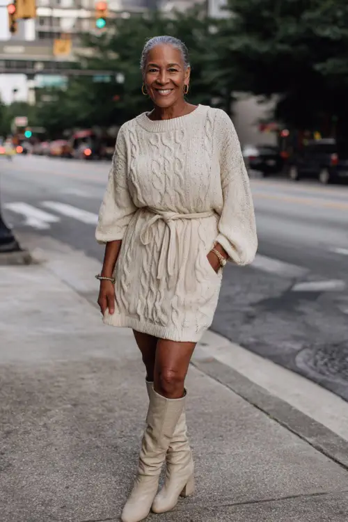 A Black woman over 50 in a sweater dress styled with knee-high boots and a belted waist