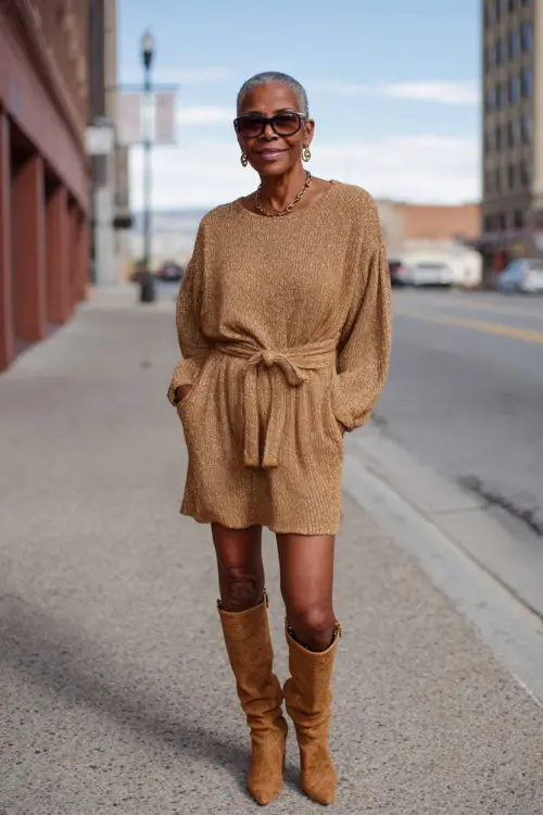 A Black woman over 50 in a sweater dress styled with knee-high boots and a belted waist