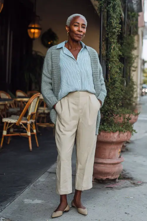 A Black woman over 50 wearing a crisp button-down shirt layered with a lightweight cardigan