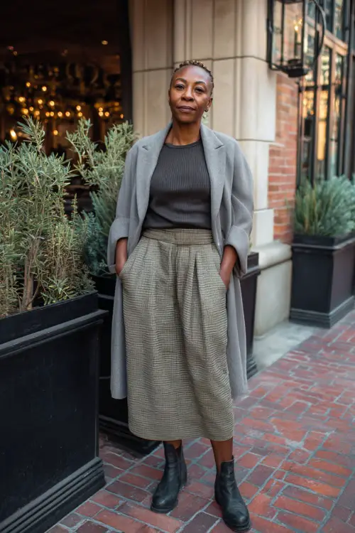 A Black woman over 50 wearing a long-sleeve midi skirt paired with a knit top and a tailored coat