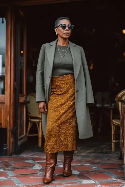 A Black woman over 50 wearing a long-sleeve midi skirt paired with a knit top and a tailored coat