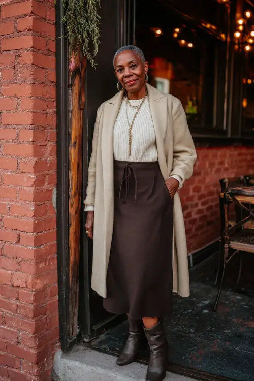 A Black woman over 50 wearing a long-sleeve midi skirt paired with a knit top and a tailored coat