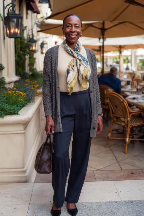 A Black woman over 50 wearing a relaxed cardigan layered over a simple top and straight-leg trousers