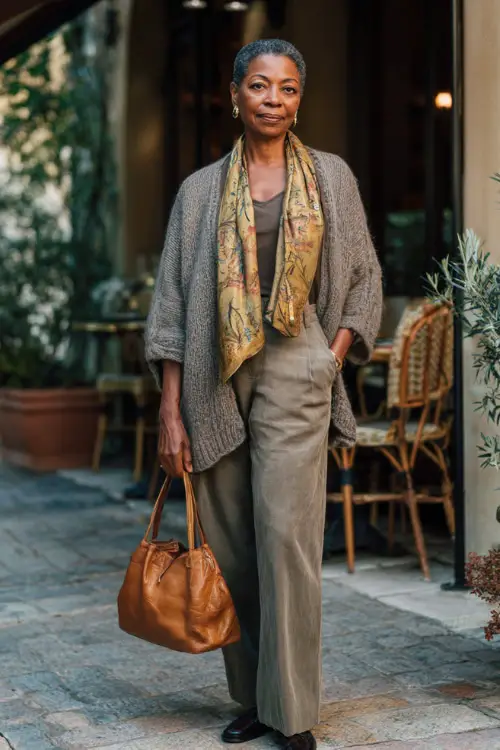 A Black woman over 50 wearing a relaxed cardigan layered over a simple top and straight-leg trousers