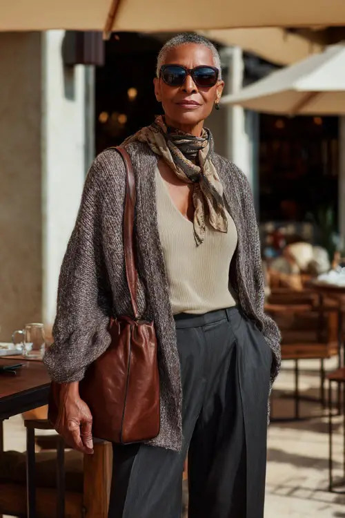 A Black woman over 50 wearing a relaxed cardigan layered over a simple top and straight-leg trousers