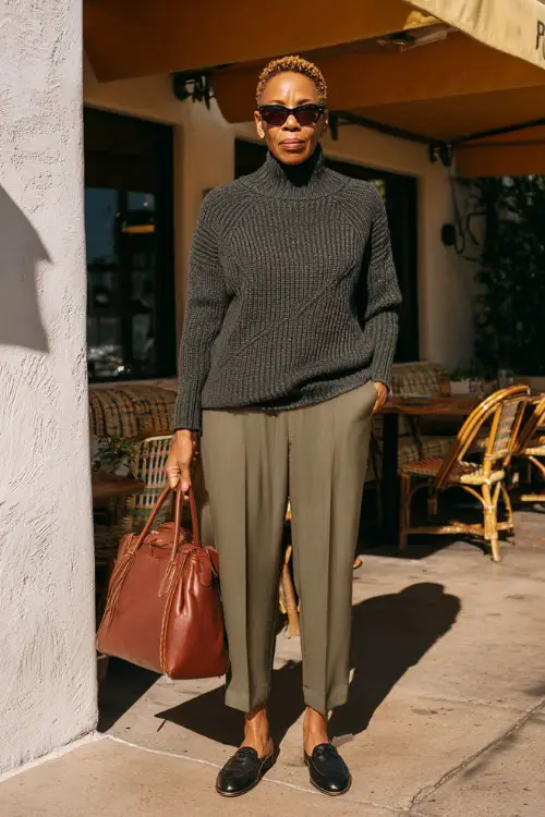 A Black woman over 50 wearing a soft knit sweater tucked into tailored straight-leg trousers