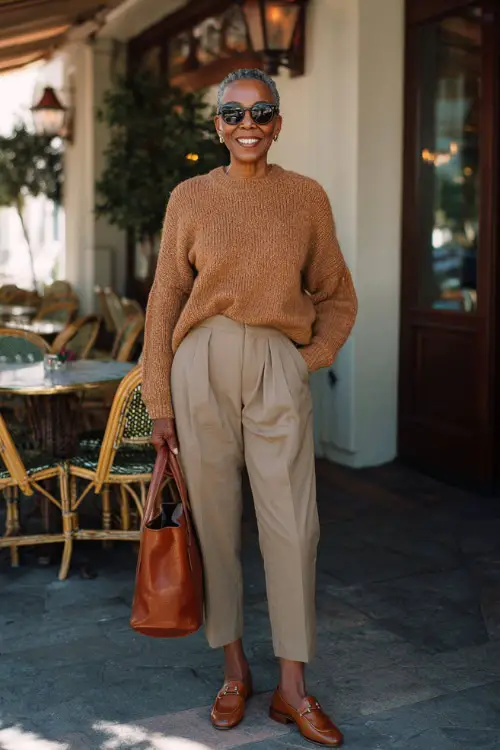 A Black woman over 50 wearing a soft knit sweater tucked into tailored straight-leg trousers
