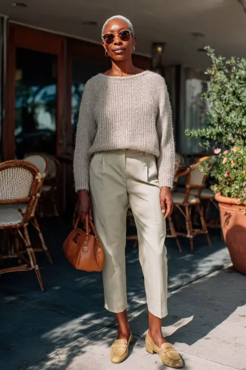 A Black woman over 50 wearing a soft knit sweater tucked into tailored straight-leg trousers