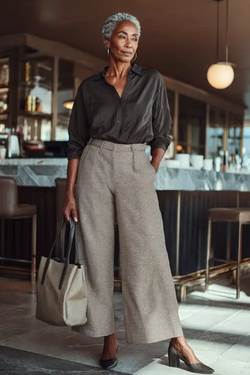 A Black woman over 50 wearing wide-leg trousers paired with a soft blouse and low heels