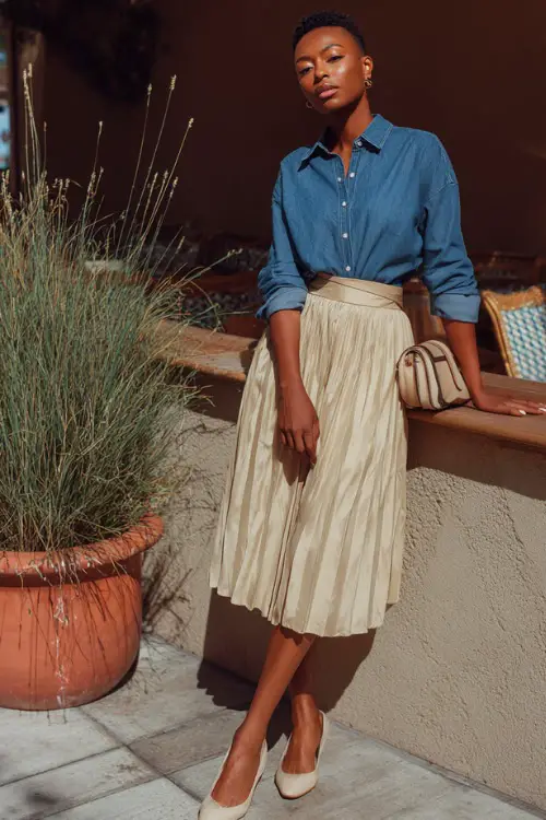 A Black woman wearing a chambray shirt tucked into a pleated midi skirt, styled with ballet flats and a crossbody bag, posing in a relaxed outdoor brunch setting with autumn light