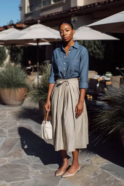 A Black woman wearing a chambray shirt tucked into a pleated midi skirt, styled with ballet flats and a crossbody bag, posing in a relaxed outdoor brunch setting with autumn light