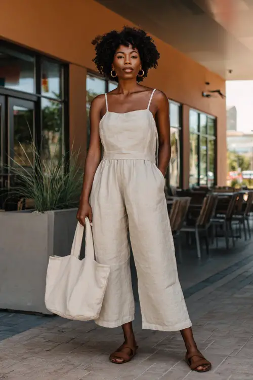 A Black woman wearing a chic linen two-piece set in soft neutral tones, styled with flat sandals and a structured tote bag, standing outside a modern café during daytime