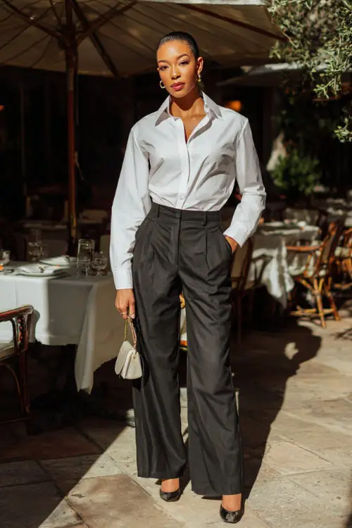 A Black woman wearing a crisp white button-down shirt styled with wide-leg pants and low heels, carrying a small shoulder bag, standing in an urban brunch setting with natural light