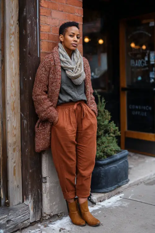 A Black woman wearing a knit cardigan layered over a simple blouse and tailored pants, paired with ankle boots and a scarf, standing outside a cozy winter brunch spot