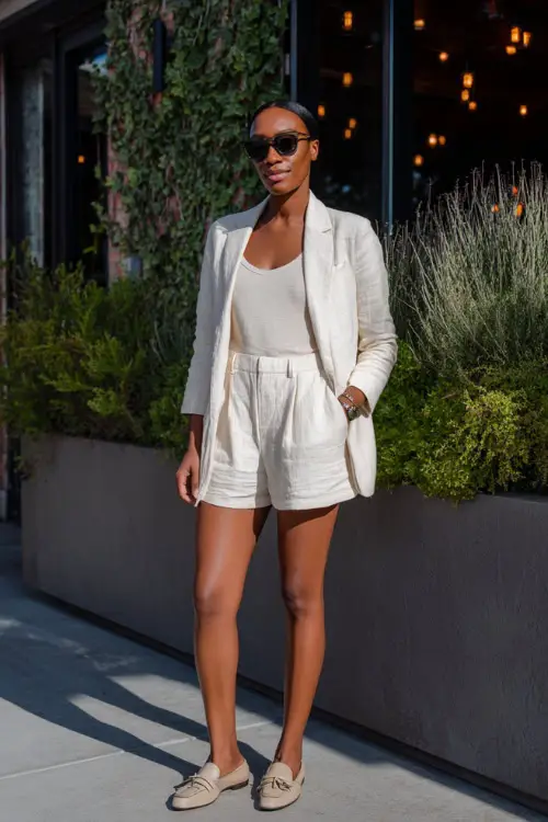 A Black woman wearing a light blazer over a simple top and tailored shorts, paired with loafers and minimal accessories, standing outside a trendy brunch restaurant