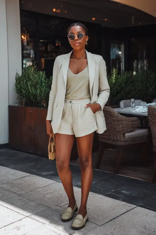 A Black woman wearing a light blazer over a simple top and tailored shorts, paired with loafers and minimal accessories, standing outside a trendy brunch restaurant