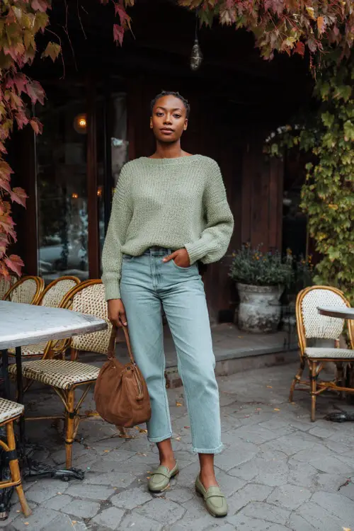 A Black woman wearing a lightweight knit sweater tucked into high-waisted straight-leg jeans, styled with loafers and a leather shoulder bag