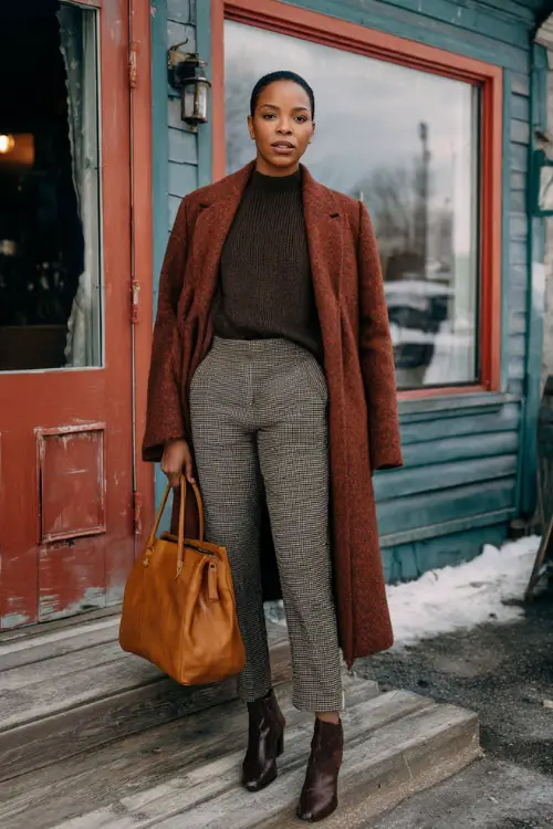A Black woman wearing a wool coat layered over a fitted knit top and tailored trousers, styled with ankle boots and a leather tote, standing outside a winter brunch café