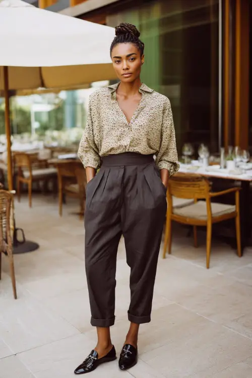 A Black woman wearing high-waisted tailored trousers with a lightweight blouse tucked in, styled with loafers and a slim belt