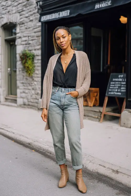 A Black woman wearing straight-leg jeans with a tucked-in blouse and a lightweight cardigan, paired with ankle boots, standing on a quiet street near a brunch café