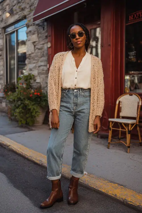 A Black woman wearing straight-leg jeans with a tucked-in blouse and a lightweight cardigan, paired with ankle boots, standing on a quiet street near a brunch café