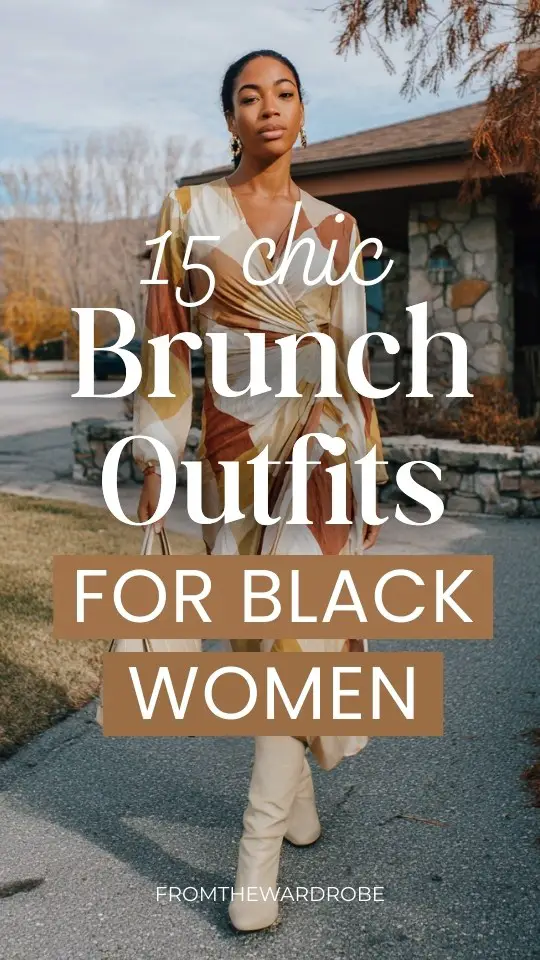 A Black woman wears a brunch outfit with a flowy long-sleeve wrap dress with soft earthy colors, paired with block-heel boots and a structured handbag
