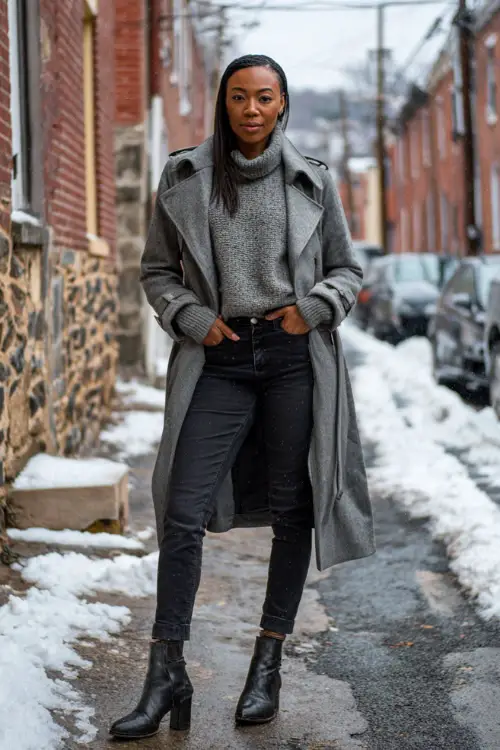 A Black woman wears a chic gray sweater layered under a belted wool trench coat, paired with black skinny jeans and polished ankle boots