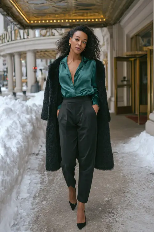 A Black woman wears a fitted satin blouse in emerald green tucked into high-waisted black trousers, styled with pointed heels and a long wool coat