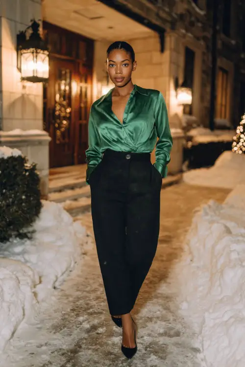 A Black woman wears a fitted satin blouse in emerald green tucked into high-waisted black trousers