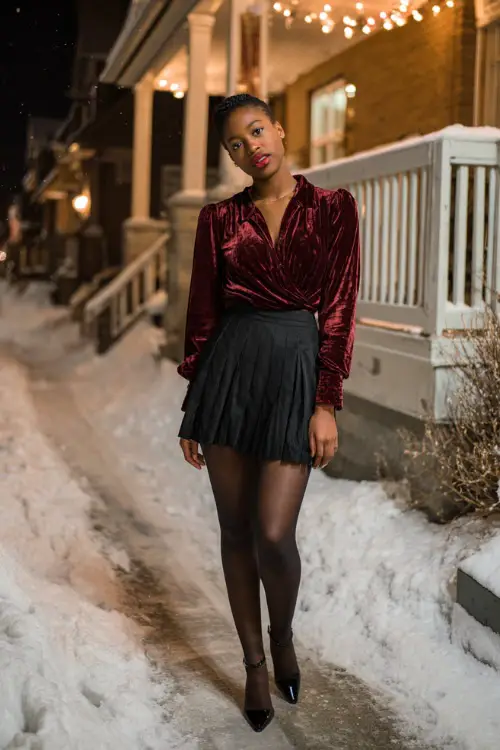 A Black woman wears a luxurious burgundy velvet top with long sleeves, paired with a black pleated skirt, tights, and ankle-strap heels