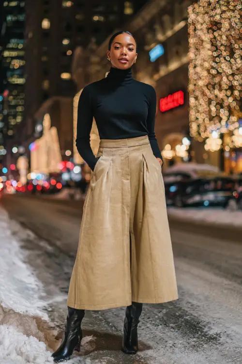 A Black woman wears a sleek black turtleneck sweater tucked into a camel wool midi skirt, paired with heeled ankle boots and a long tailored coat