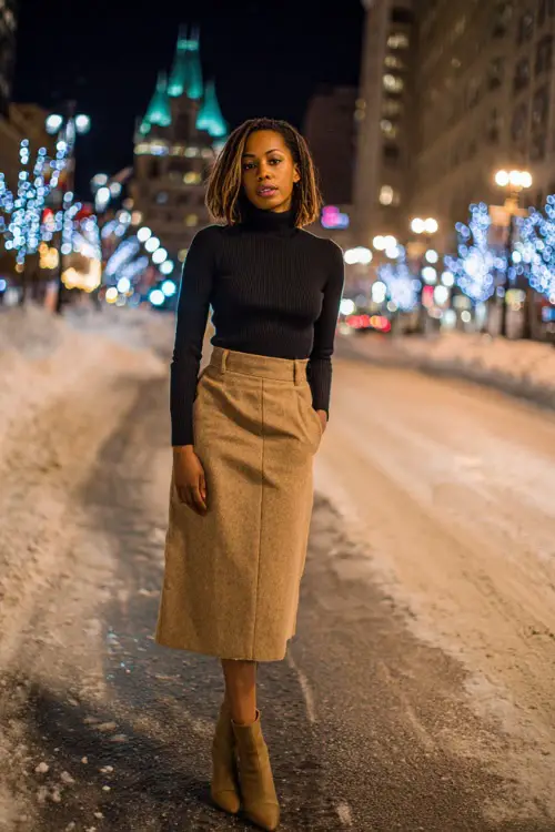 A Black woman wears a sleek black turtleneck sweater tucked into a camel wool midi skirt, paired with heeled ankle boots and a long tailored coat