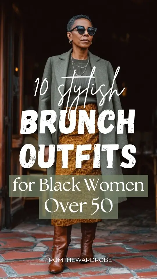 A black woman over 50 wearing a brunch outfit with a long-sleeve midi skirt paired with a knit top and a tailored coat