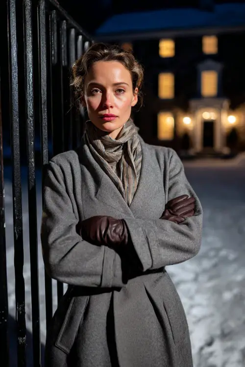 A classy woman over 30 wears a gray belted wool coat with a silk scarf and leather gloves