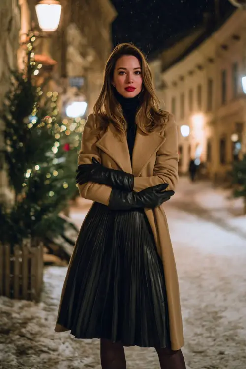 A classy woman wears a black pleated skirt with a camel wrap coat and leather gloves, standing full body on a quiet European street with warm lights reflecting on snow