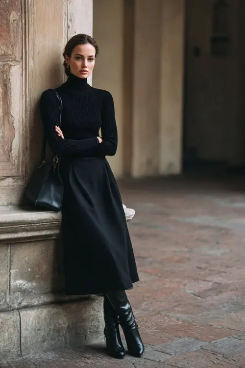 A classy woman wears a black ribbed knit turtleneck tucked into a black wool A-line skirt, paired with knee-high boots and structured handbag, full body in a quiet European courtyard