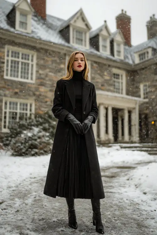 A classy woman wears a black tailored wool coat over a black turtleneck and pleated midi skirt, paired with leather gloves and heeled ankle boots 
