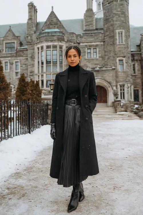 A classy woman wears a black tailored wool coat over a black turtleneck and pleated midi skirt, paired with leather gloves and heeled ankle boots