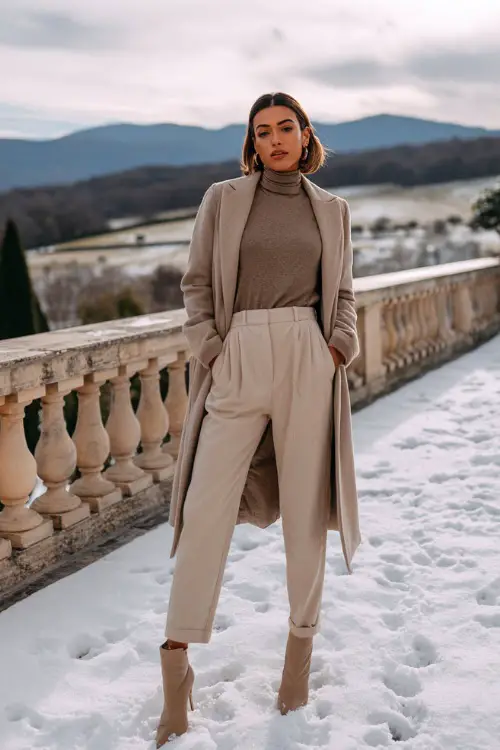 A classy woman wears a camel turtleneck with beige wool trousers, a long structured coat, and ankle boots