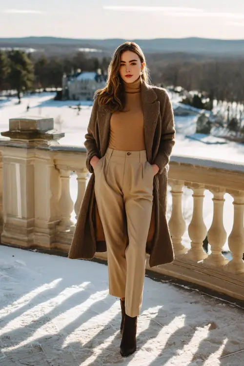 A classy woman wears a camel turtleneck with beige wool trousers, a long structured coat, and ankle boots