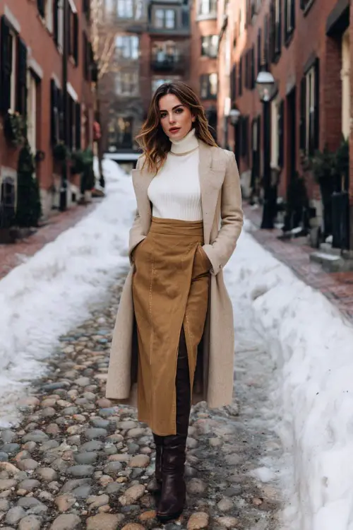 A classy woman wears a cream cashmere turtleneck tucked into a long camel wool skirt, paired with leather boots and a structured coat