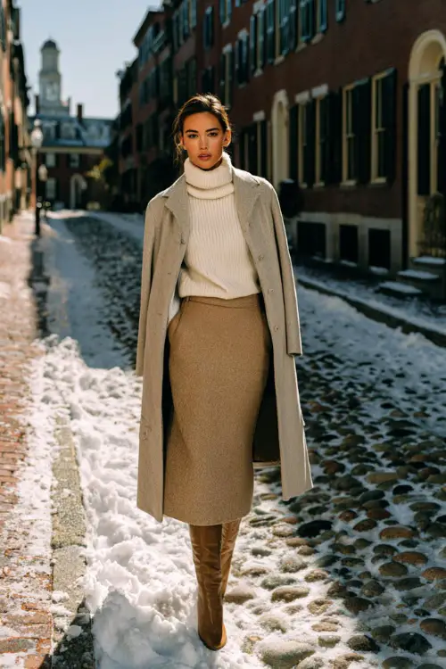 A classy woman wears a cream cashmere turtleneck tucked into a long camel wool skirt, paired with leather boots and a structured coat