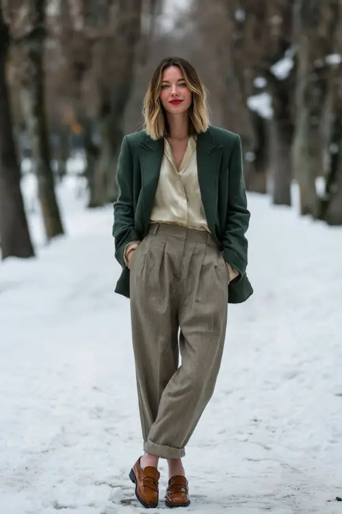 A classy woman wears a forest green structured jacket layered over a silk blouse and straight trousers, styled with loafers 