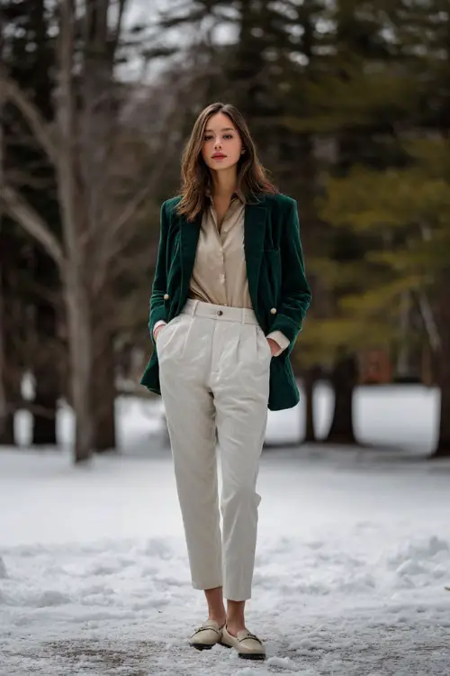 A classy woman wears a forest green structured jacket layered over a silk blouse and straight trousers, styled with loafers