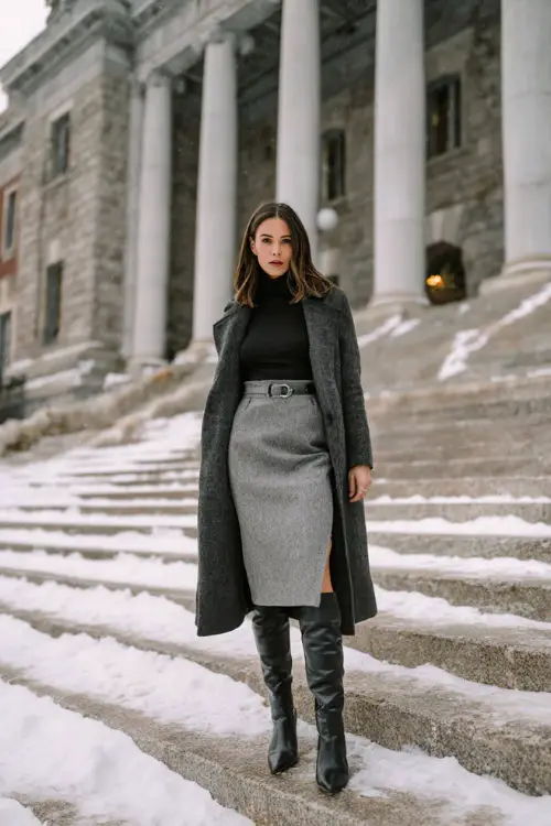 A classy woman wears a gray wool midi skirt with a black turtleneck and a long belted coat, paired with knee-high leather boots