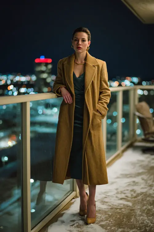 A classy woman wears a long camel coat over a dark green dress, styled with suede heels and minimal jewelry, standing full body on a snowy balcony overlooking a city skyline at night