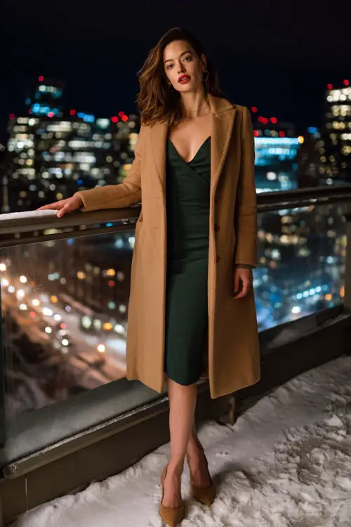 A classy woman wears a long camel coat over a dark green dress, styled with suede heels and minimal jewelry