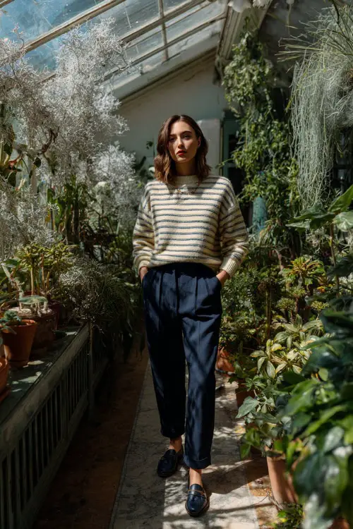 A classy woman wears a striped winter sweater with navy trousers and loafers, paired with minimal jewelry, standing full body in a sunlit conservatory filled with frost-touched plants