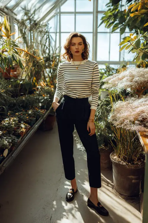 A classy woman wears a striped winter sweater with navy trousers and loafers, paired with minimal jewelry